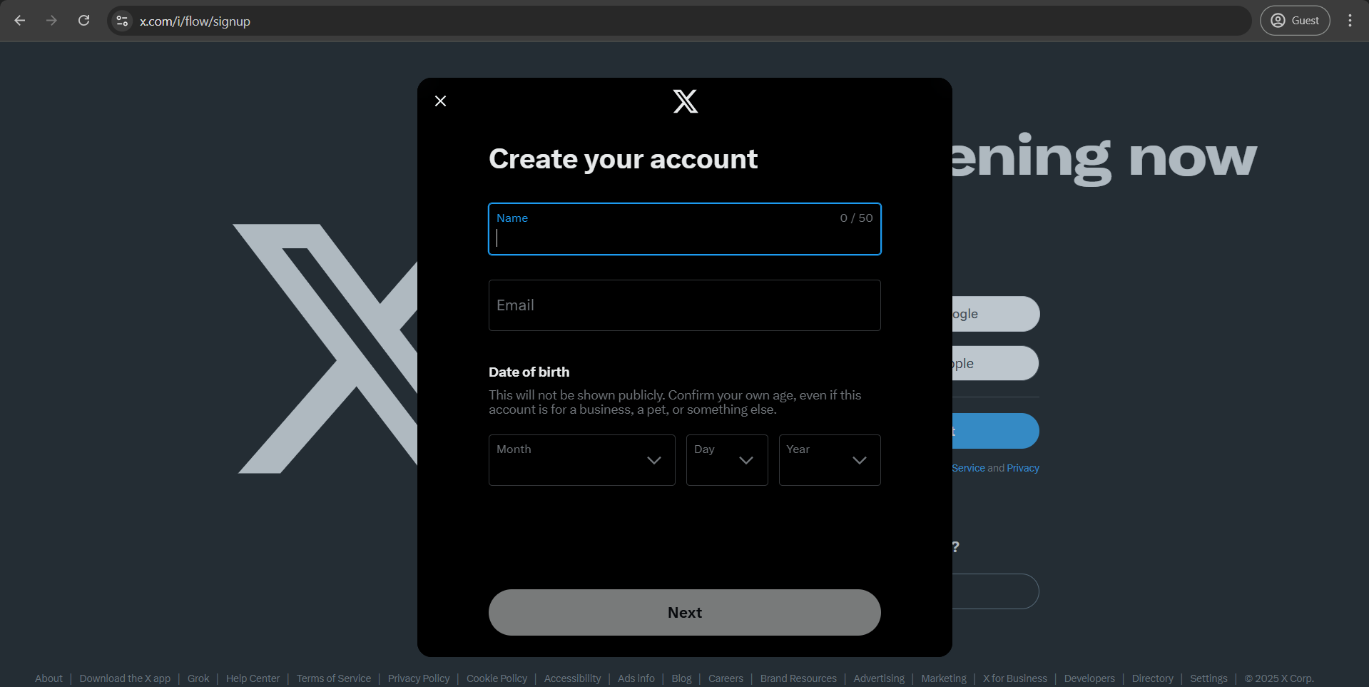 Twitter (x) signup page